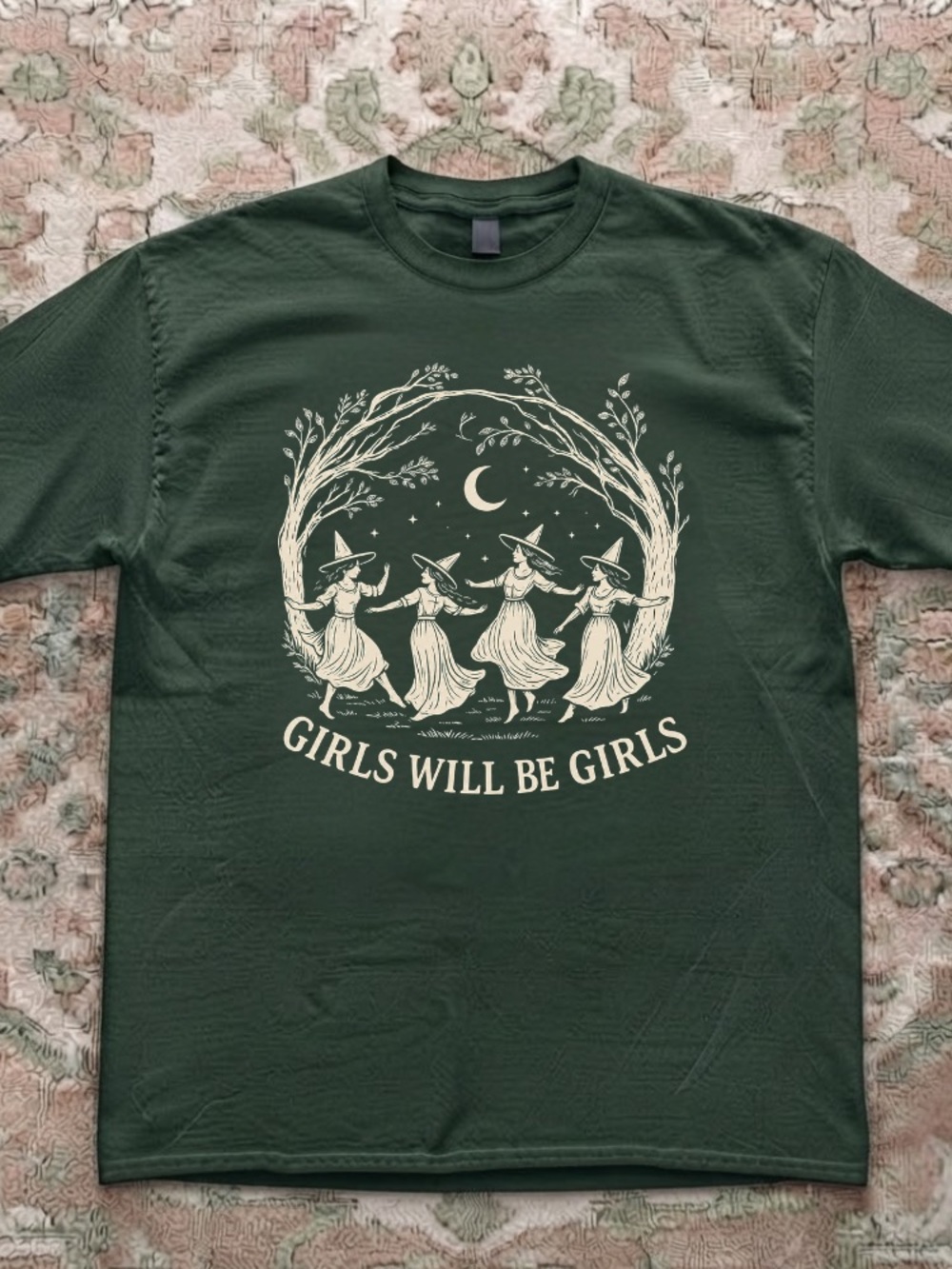 Girls Will Be Girls Witches Dancing Moon Trees Wicca Vintage Dark Green T-Shirt